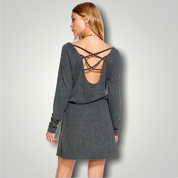 NWT, CHASER, Women’s Dark Gray Jersey Knit Cross Back Mini Dress - Picture 3 of 6